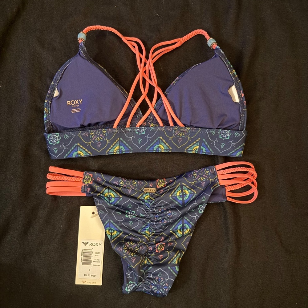 Roxy Pink/Blue Geometric Pattern Bikini, Small - image 2